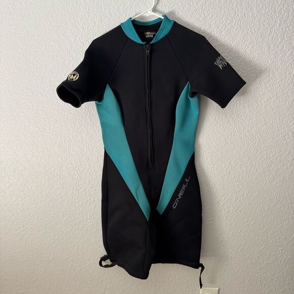 O’Neil Women Front Zip Short Sleeve Reactor Wetsuit Black Teal Size 16 Beach - Picture 1 of 7